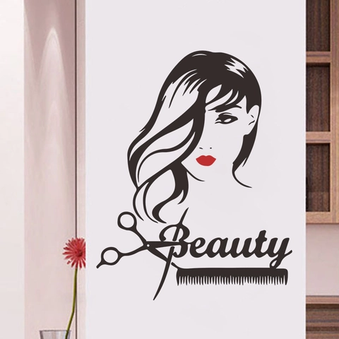 Pegatina de Pared Sexy Mujer Pelo Largo Salón de Belleza PVC Peluquería Entrada Decorativa Silueta Arte de Pared Calcomanía