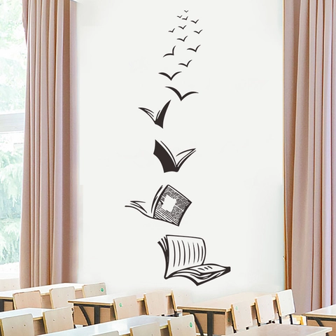 Creative Books Evolving Into Birds Wall Stickers Modern Black PVC Decal For School Classroom Library Living Room Home Decor
