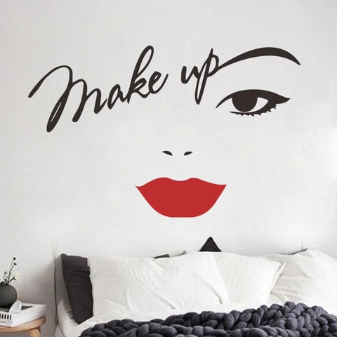 Sexy Red Lips Eyelashes Wall Sticker Make Up Artistic Text PVC Self-Adhesive Decal For Bedroom Beauty Salon Wall Decor