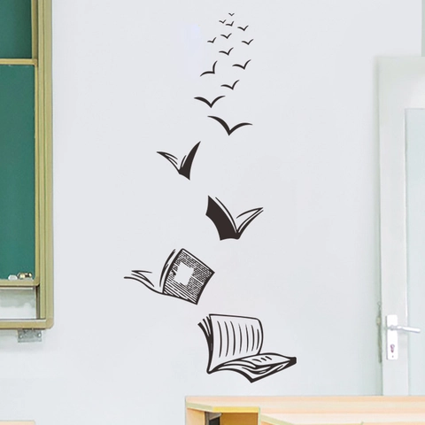 Creative Books Evolving Into Birds Wall Stickers Modern Black PVC Decal For School Classroom Library Living Room Home Decor