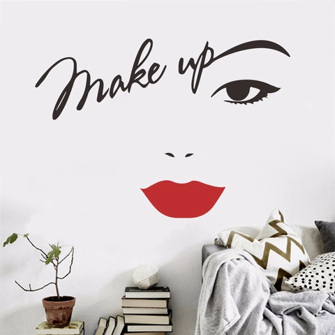 Sexy Red Lips Eyelashes Wall Sticker Make Up Artistic Text PVC Self-Adhesive Decal For Bedroom Beauty Salon Wall Decor