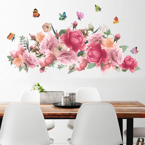 Pegatinas De Pared Peonía Acuarela Rosa Mariposa PVC Removible Autoadhesivo Calcomanía De Pared Para Dormitorio Sala De Estar