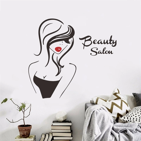 Beauty Salon Muursticker Sexy Vrouwelijk Silhouet PVC Sticker Rode Lippen Lijnkunst Voor Slaapkamer Winkel Decoratie
