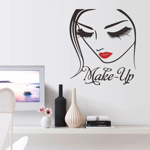 Adesivo da Parete Make-Up Bellezza Ciglia Labbra Rosse Moderno PVC Minimalista Linea Viso Decoro per Camera Salone