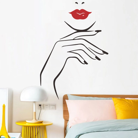 Minimalist Woman Face Line Art Wall Sticker With Red Lips Hand Silhouette PVC Waterproof Decal For Bedroom Home Decor