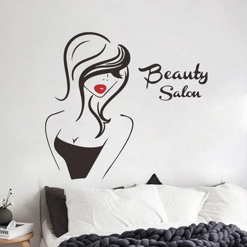Beauty Salon Muursticker Sexy Vrouwelijk Silhouet PVC Sticker Rode Lippen Lijnkunst Voor Slaapkamer Winkel Decoratie