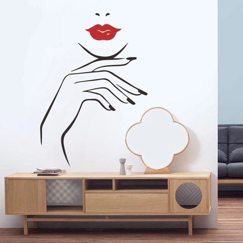 Minimalist Woman Face Line Art Wall Sticker With Red Lips Hand Silhouette PVC Waterproof Decal For Bedroom Home Decor