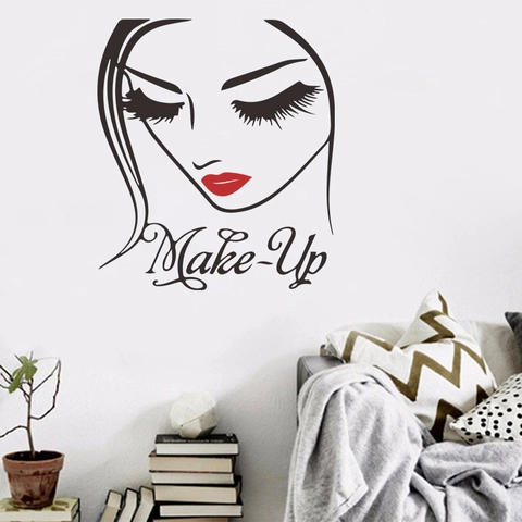 Adesivo da Parete Make-Up Bellezza Ciglia Labbra Rosse Moderno PVC Minimalista Linea Viso Decoro per Camera Salone