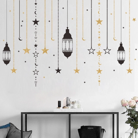 Adhesivo de Pared de Luna Estrella Linterna de Ramadán Purpurina Dorada PVC Islámico Eid Mubarak DIY Decoración Dormitorio Mural