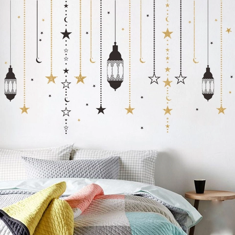 Adhesivo de Pared de Luna Estrella Linterna de Ramadán Purpurina Dorada PVC Islámico Eid Mubarak DIY Decoración Dormitorio Mural
