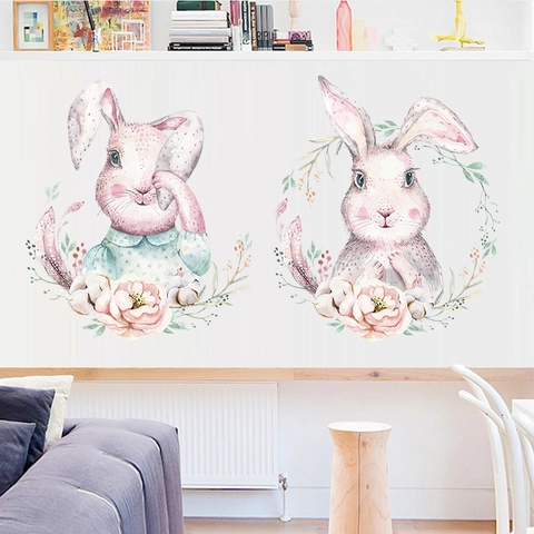 Cartoon Aquarel Konijn Muursticker Bloem Haasje Wandsticker PVC Verwijderbaar Kinderkamer Decor DIY Huis Muurkunst