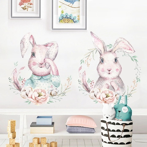 Cartoon Aquarel Konijn Muursticker Bloem Haasje Wandsticker PVC Verwijderbaar Kinderkamer Decor DIY Huis Muurkunst