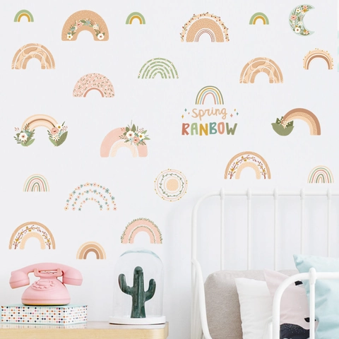 Vinilos Decorativos De Arcoíris Boho Flores Luna Dibujos Animados PVC Arte Decorativo Para Habitación Infantil