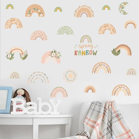 Vinilos Decorativos De Arcoíris Boho Flores Luna Dibujos Animados PVC Arte Decorativo Para Habitación Infantil