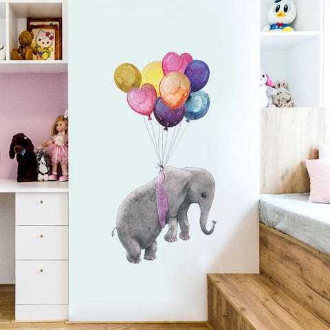Aquarell Elefant Mit Bunten Herz Luftballons Wandaufkleber Für Kinderzimmer Deko Süße Tier Wandtattoo Kinderzimmer Kunst