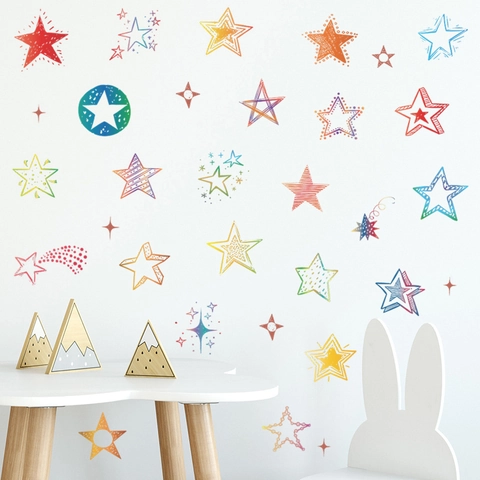Adesivi Murali a Stella Multicolore PVC Stile Disegnato a Mano Stelle Arcobaleno Decalcomanie da Muro per Camera Bambini