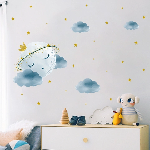 Watercolor Moon Stars Clouds Wall Stickers For Kids Room Bedroom Nursery PVC Cartoon Dreamy Night Sky Wall Decals Home Decor