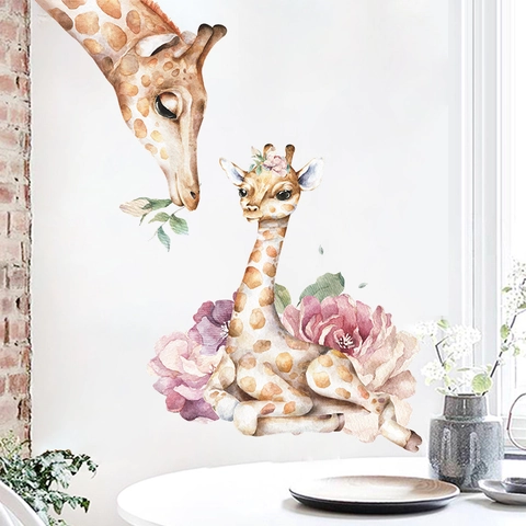 Adesivi Murali Acquerello Mamma E Cucciolo Di Giraffa Floreale Rosa PVC Autoadesivo Decorazione Per Camera Dei Bambini FX-D169