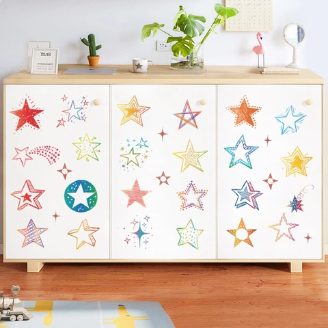 Adesivi Murali a Stella Multicolore PVC Stile Disegnato a Mano Stelle Arcobaleno Decalcomanie da Muro per Camera Bambini