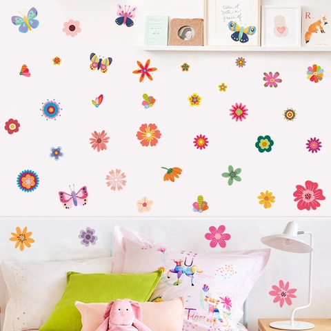 Bunte Blumen Schmetterling Wandtattoo PVC Abnehmbar DIY Floral Wandaufkleber Für Kinderzimmer Schlafzimmer Wohnzimmer Haus Deko