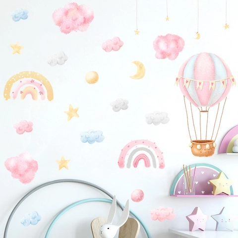 Adesivo da Parete Con Mongolfiera e Nuvola Arcobaleno Acquerello per Cameretta Bambini PVC Rimovibile Decalcomania da Parete DIY
