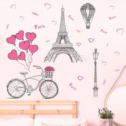 Romantic Paris Eiffel Tower Bicycle Heart Street Lamp Wall Sticker Pink PVC Hand Drawn Style Decor For Bedroom Living Room