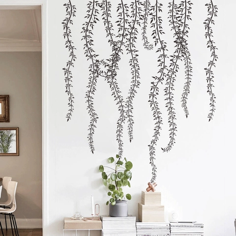 Vinilo de Pared Colgante de Rama de Sauce Negro PVC Autoadhesivo Minimalista Silueta de Planta Calcomanía para Hogar