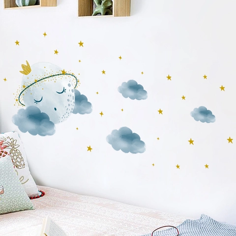 Watercolor Moon Stars Clouds Wall Stickers For Kids Room Bedroom Nursery PVC Cartoon Dreamy Night Sky Wall Decals Home Decor