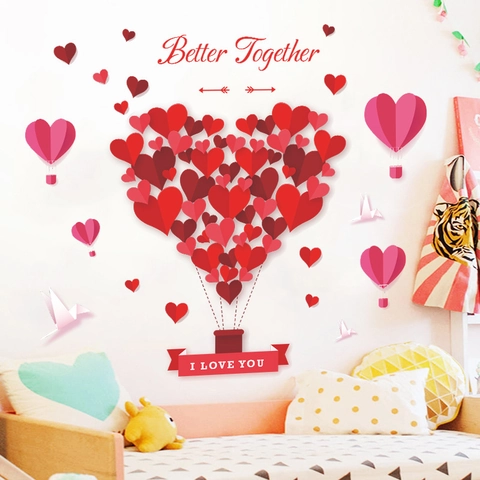 Romantici Adesivi Murali in PVC a Forma di Mongolfiera a Cuore Rosso Rosa Better Together I Love You per Camera da Letto Soggiorno
