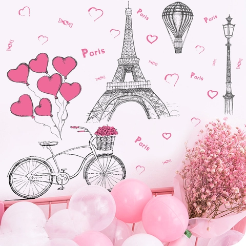 Romantic Paris Eiffel Tower Bicycle Heart Street Lamp Wall Sticker Pink PVC Hand Drawn Style Decor For Bedroom Living Room