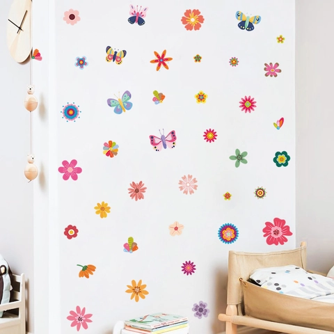 Bunte Blumen Schmetterling Wandtattoo PVC Abnehmbar DIY Floral Wandaufkleber Für Kinderzimmer Schlafzimmer Wohnzimmer Haus Deko