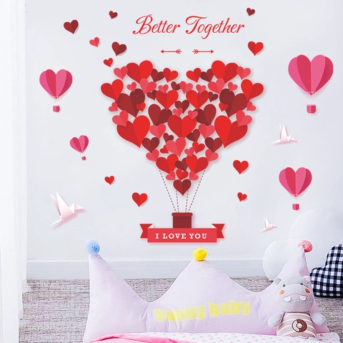 Romantici Adesivi Murali in PVC a Forma di Mongolfiera a Cuore Rosso Rosa Better Together I Love You per Camera da Letto Soggiorno