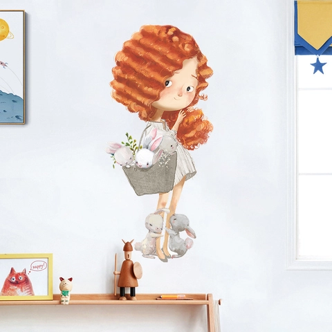 Cute Cartoon Girl With Rabbits PVC Wall Sticker For Kids Bedroom Living Room Decorative Hand Painted Style Removable Vinyl Decal