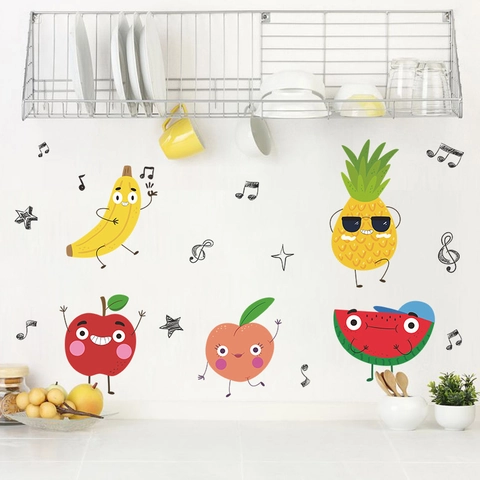 Adesivi Murali Frutta Cartone Animato Musica Danza PVC Per Camera Bambini Cucina DIY Decorazione Parete Casa