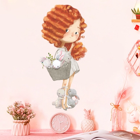 Cute Cartoon Girl With Rabbits PVC Wall Sticker For Kids Bedroom Living Room Decorative Hand Painted Style Removable Vinyl Decal