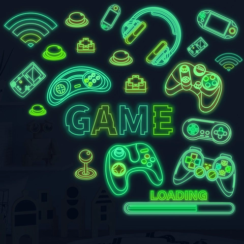 Leuchtende Gaming Wandtattoo Leuchten Im Dunkeln Neon Stil Controller Icons Gamepad Aufkleber Für Schlafzimmer Gamer Zimmer Deko PVC