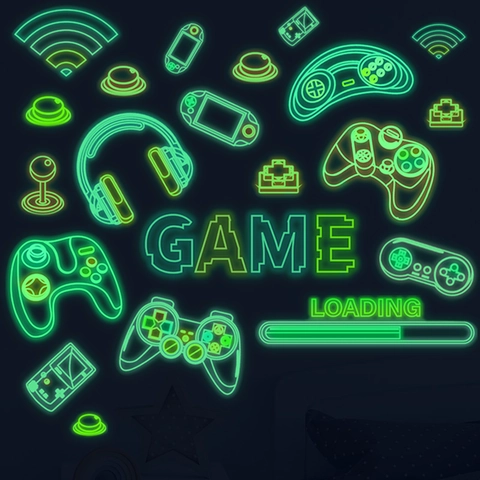 Leuchtende Gaming Wandtattoo Leuchten Im Dunkeln Neon Stil Controller Icons Gamepad Aufkleber Für Schlafzimmer Gamer Zimmer Deko PVC