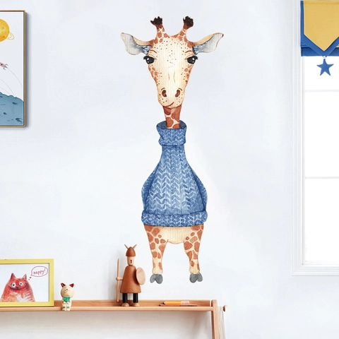 Cartoon Giraffe Wearing Blue Sweater Wall Sticker Watercolor PVC Removable Decal For Kids Room Nursery Bedroom Wall Art Decoration