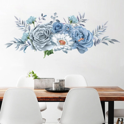 Blue Gray Peony Flower Wall Stickers Floral Watercolor PVC Removable Wall Decals For Living Room Bedroom Home Decor