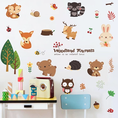 Pegatinas de Pared de Animales del Bosque de Dibujos Animados Decoración Infantil PVC Removible Ciervo Zorro Oso Búho Champiñón