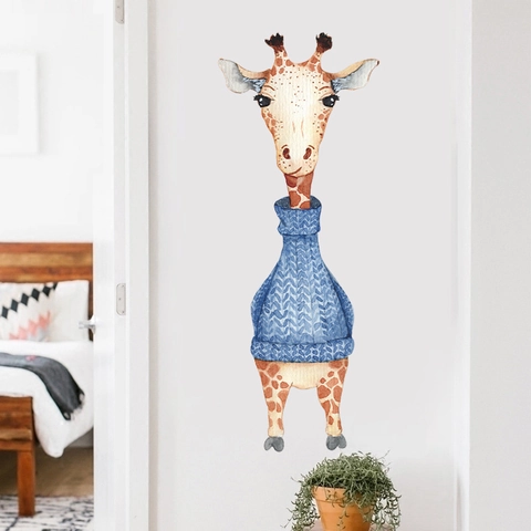 Cartoon Giraffe Wearing Blue Sweater Wall Sticker Watercolor PVC Removable Decal For Kids Room Nursery Bedroom Wall Art Decoration