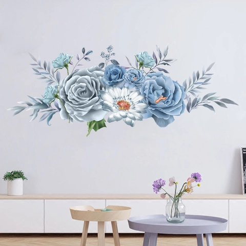 Blue Gray Peony Flower Wall Stickers Floral Watercolor PVC Removable Wall Decals For Living Room Bedroom Home Decor