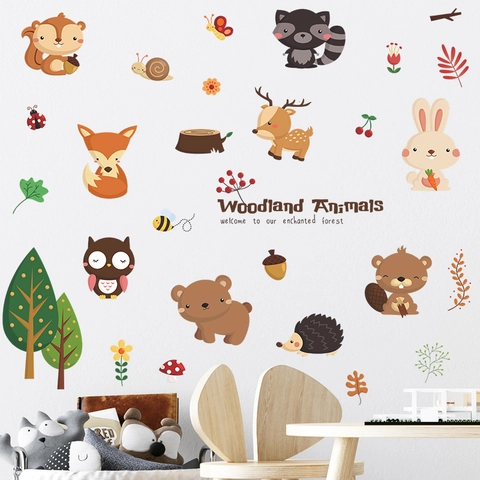 Pegatinas de Pared de Animales del Bosque de Dibujos Animados Decoración Infantil PVC Removible Ciervo Zorro Oso Búho Champiñón