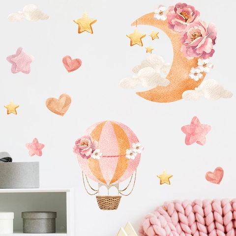 Adesivi Murali con Mongolfiera e Luna ad Acquerello Adesivi in PVC Removibili con Fiori Stelle e Cuori per Decorazione Cameretta Bambini