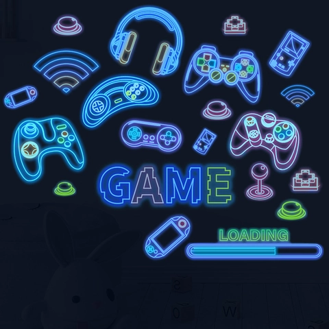 Luminous Gaming Wall Stickers Neon Effect PVC Game Controller Headset Glow In The Dark Wall Decals For Gaming Room Decor