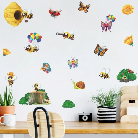 Cartoon Bee Butterfly Flower Wall Stickers DIY Removable PVC Self-Adhesive Decals For Kids Room Nursery Kindergarten Home Decoration