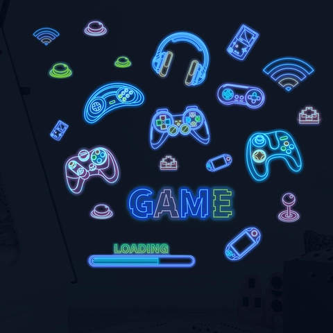 Luminous Gaming Wall Stickers Neon Effect PVC Game Controller Headset Glow In The Dark Wall Decals For Gaming Room Decor