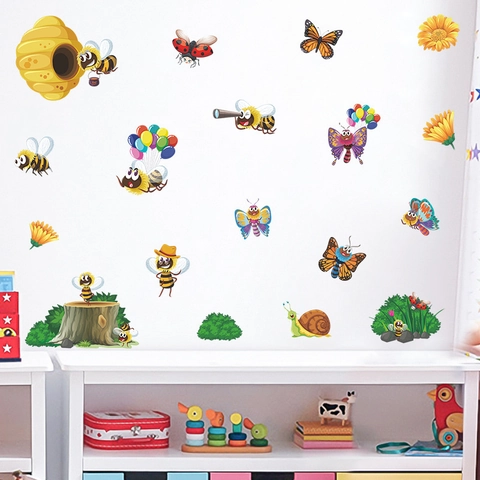 Cartoon Bee Butterfly Flower Wall Stickers DIY Removable PVC Self-Adhesive Decals For Kids Room Nursery Kindergarten Home Decoration