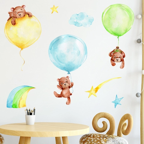 Cartoon Bear Balloon Rainbow Star Wall Stickers For Kids Room Nursery Watercolor PVC Self Adhesive Decor Wall Decals