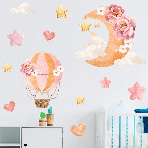 Adesivi Murali con Mongolfiera e Luna ad Acquerello Adesivi in PVC Removibili con Fiori Stelle e Cuori per Decorazione Cameretta Bambini